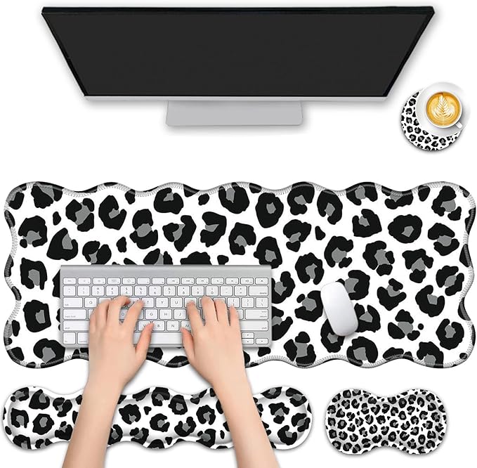 4 in 1 Desk Mat SetMouse Pad with Keyboard Wrist RestWave-Shaped DesignNon-Slip Rubber BaseWaterprooffor HomeOfficeGamingBlack and White Leopard Print