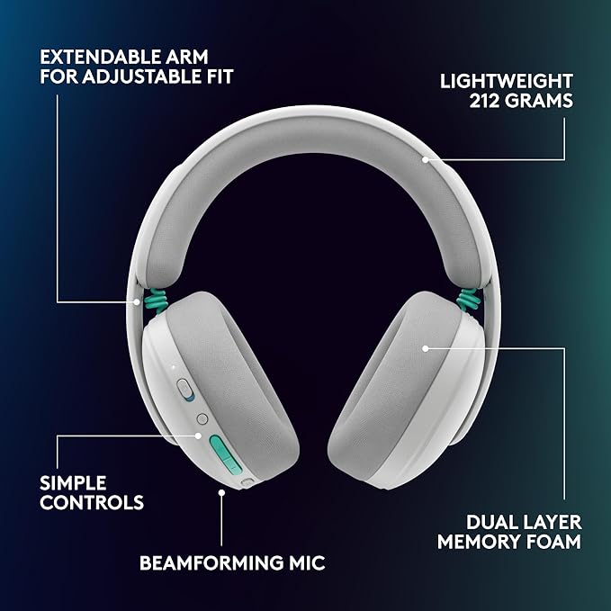 Logitech G325 Lightspeed Wireless Bluetooth Gaming Headset All-Day Comfort Built-in Mic with Noise Reduction 24-Bit Audio 24+ Hr Battery Life for PC PlayStation Switch Mobile – White