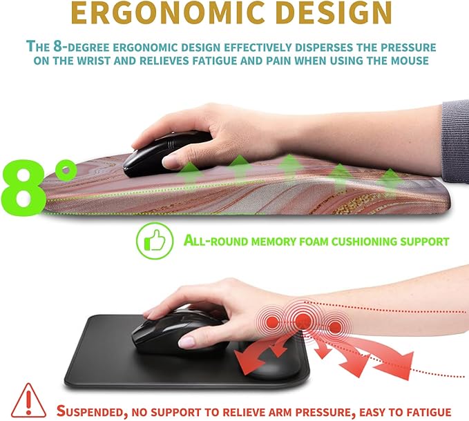 Hokafenle Ergonomic Mouse Pad Wrist Support with Massage Design Wrist Rest Pain Relief Mousepad with Memory Foam&ampNon-Slip PU Base Mouse Pads for Wireless Mouse &amp Desk (12x8 inchPink Gold Ma
