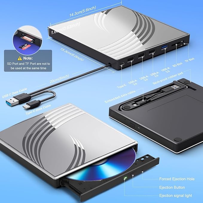 External CD/DVD Drive for Laptop with Carrying CaseDVD Player for LaptopPortable CD Burner with 4 USB Ports 2 TF/SD Card SlotsCD Disk Drive Player Reader Write