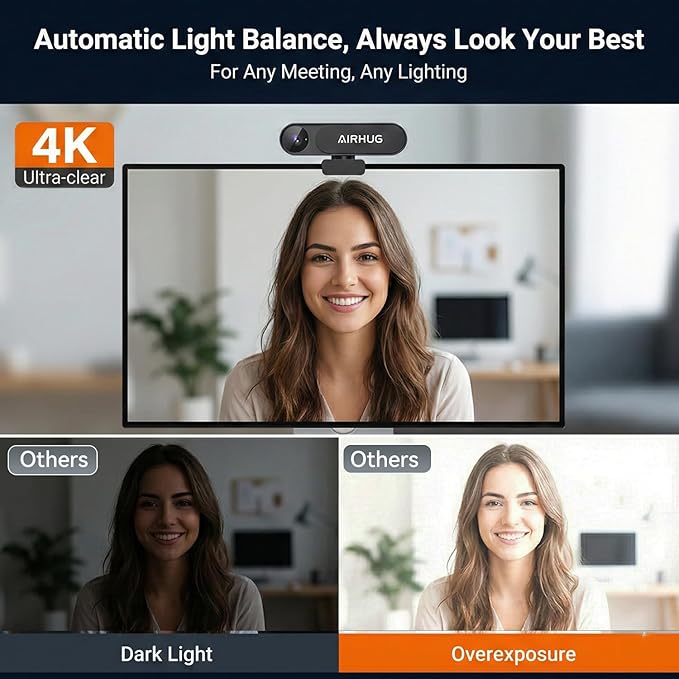 AIRHUG 4K UHD USB Webcam No Mic with Privacy Cover for Secure Meetings - 16MP Sony Sensor PDAF Fast Focus 63° Gold FOV Auto Light Balance Streaming Camera Without Audio for PC/Laptop/Desktop