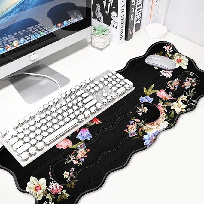 4 in 1 Desk Mat SetMouse Pad with Keyboard Wrist RestWave-Shaped DesignNon-Slip Rubber BaseWaterprooffor HomeOfficeGamingPeony Flower