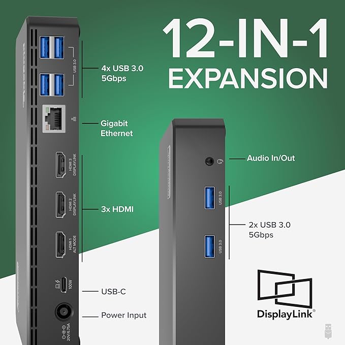 Plugable USB C Triple Display Docking Station | 100W PD 3x HDMI (1x 4K 30Hz 2x 1080p 60Hz) 6x USB 5Gbps Ports | Windows macOS ChromeOS Compatible - Enhance Productivity with Multi-Monitor Support