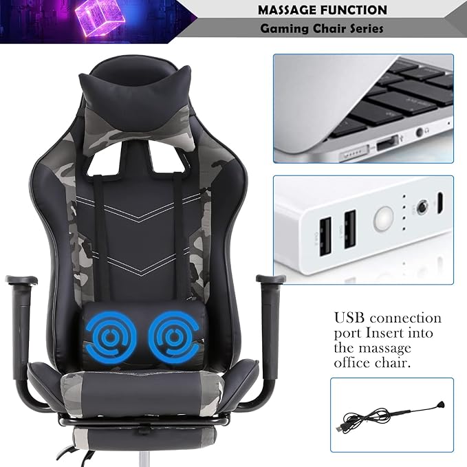 Gaming Chair with Lumbar Support Headrest and Footrest Ergonomic Massage Gaming Office Chair Computer Desk Chair PU Leather Gamer Chair Adjustable Height Video Gaming Chair for Adults Kids Men Camo