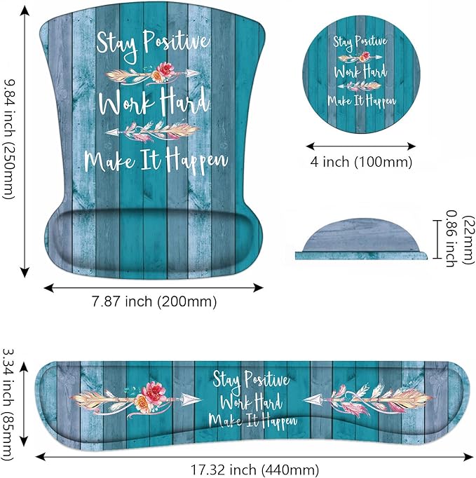 Keyboard Wrist Rest and Mouse Pad Wrist Support Set with Coasters Stay Positive Work Hard and Make It Happen Inspirational Quote Wrist Mouse Pad with Non-Slip PU Base for Home Office Working Studying