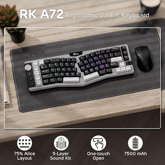 RK ROYAL KLUDGE A72 Alice Ergonomic Wireless Mechanical Keyboard w/Knob/Macro Keys/Touchable Nameplate Tri-Mode 68% 72-Key Gasket Keyboard BT/2.4G/USB-C Hot Swap Win/Mac Software 7500mAh Battery
