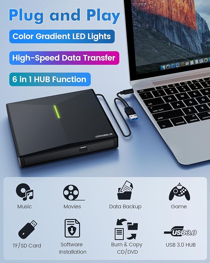 External CD DVD Drive with 4 USB Ports and 2 TF/SD Card Slots USB 3.0 Portable CD/DVD Disk Drive Player Burner Reader Writer for Laptop Mac PC Windows 11/10/8/7 Linux OS with Carrying Case