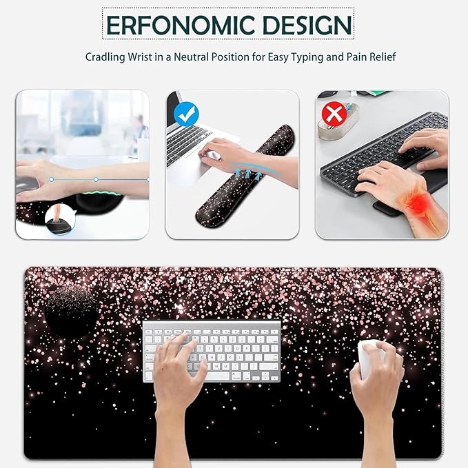 Large Mouse Pad Ergonomic Mouse Pad with Wrist Rest and Keyboard Wrist Rest 4 in 1 Set 31.5 x11.8 inch Extended Desk Pad for Home Office Rose Gold Gradient Gilt Pattern XXL Black Gaming Mouse Mat