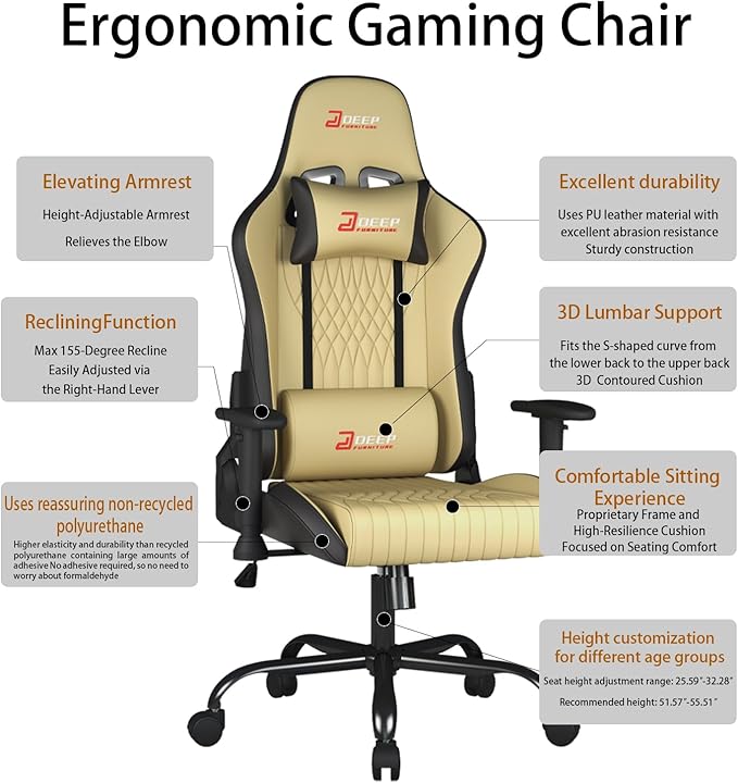Video Game Chair Ergonomic Comfortable Gaming Office Chair Height-Adjustable with a 360° Swivel Base and Headrest(1002-Beige)