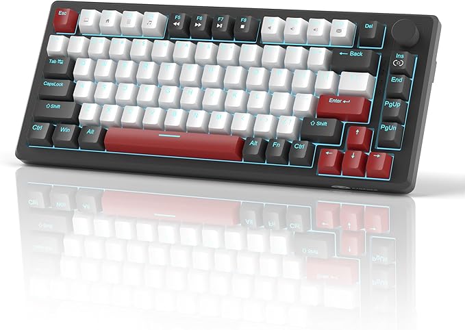 MageGee 75% Mechanical Gaming Keyboard Compact Blue Backlit Wired Gaming Keyboards with Red Switches EVA Foam Knob Control STAR75 Portable NKRO PC Gaming Keyboard - Black &amp White