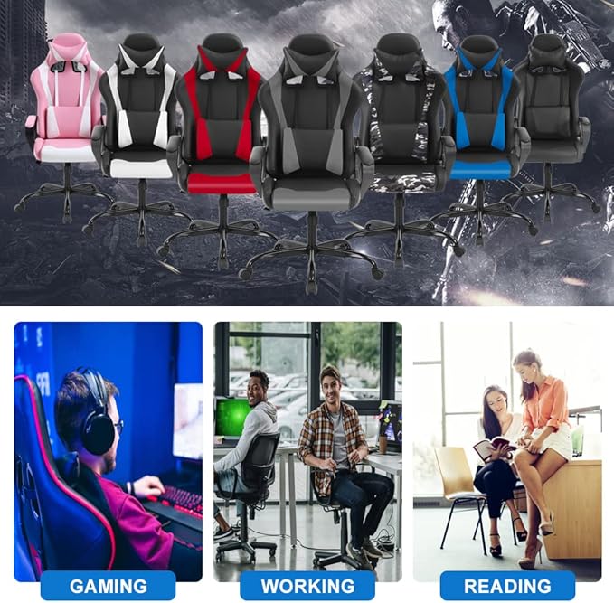 High Back Gaming Chair PC Computer Chair Office Chair for Adult Teen Kids Ergonomic PU Leather Game Chair w/Lumbar Support Headrest Adjustable Rolling Swivel Desk Chair Grey