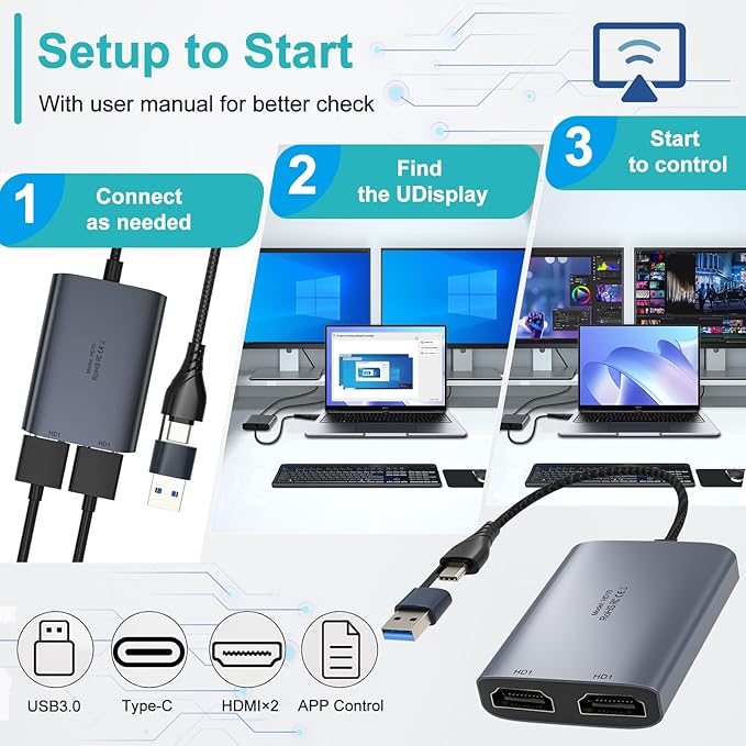USB C to Dual HDMI Adapter 1080P 60Hz Multi-Monitor Splitter for MacBook/PC/Laptop - USB-A/USB-C to 2 HDMI Ports Aluminum Docking Station Audio Sync Windows/macOS Software Control MST