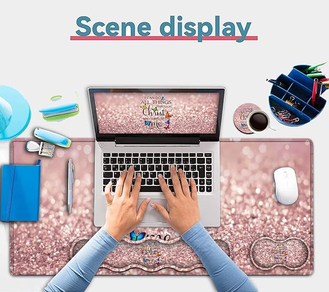 Gaming Mouse Pad Ergonomic Memory Foam Keyboard Wrist Rest Support &amp Non-Slip Mouse Wrist Rest for Laptop Desk Writing Pad Philippians 4:13 Pink Glitter Office Desk Mat Extended Large Mouse Pad