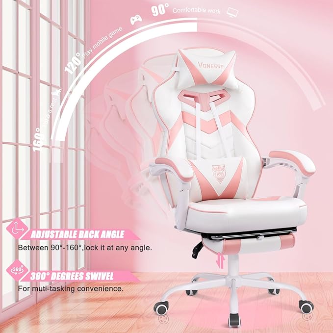 Vonesse Gaming Chair High Back Pink Gaming Chair with Footrest and Massage Gaming Chairs for Adults with Pocket Spring Cushion Big and Tall Reclining Computer Chair with Lumbar Support (White/Pink)