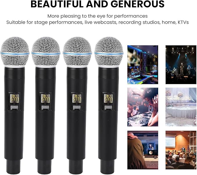 4Pcs Wire Less Microphone Set Handheld Microphone Set Cordless VHF Band 164ft Range Wire Less Dynamic Mic for Stage Performance Recording Karaoke