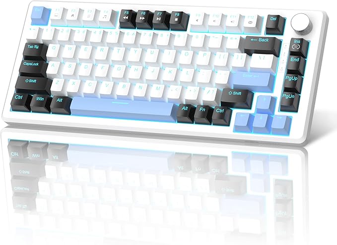 MageGee 75% Mechanical Gaming Keyboard Compact Blue Backlit Wired Gaming Keyboards with Brown Switches EVA Foam Knob Control STAR75 Portable NKRO PC Gaming Keyboard - White &amp Blue
