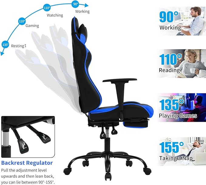 BLKMTY Gaming Chair with Footrest Ergonomic Office Racing Computer Chair with PU Leather High Back Lumbar Support Headrest Adjustable Height Reclining Chairs Blue