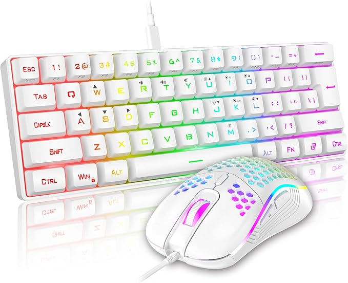 RedThunder 60% Mini Gaming Keyboard and Mouse Combo Lightweight Ultra-Compact 61 Keys RGB Backlit7200 DPI Honeycomb Optical Mouse Wired Gaming Set for PC MAC PS5 Xbox Gamer(White)