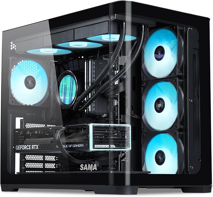 SAMA V60 Mid Tower PC Case Curved Tempered Glass Panel 7×120mm ARGB PWM Fans with Fan Hub USB Type-C High Airflow ATX PC Case for Case PC Gaming Back-Connect Ready 360mm AIO Support – Black