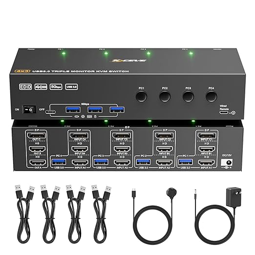 KVM Switch 3 Monitors 4 Computers 4K@60HzEDID SimulationUSB 3.0 HDMI Displayport KVM Switch Triple Monitor for 4 PC Share 3 Monitors and Keyboard Mouse Printerwith Wired Remote and 4 USB Cables