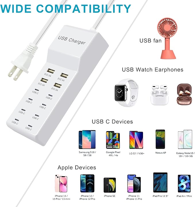 USB Charger 12-Port Charging Station (4 USB-A Ports and 8 USB-C Ports) Compatible with Multiple Devices for iPhone 15/14/13/12Pro Tablet PC Smartphone