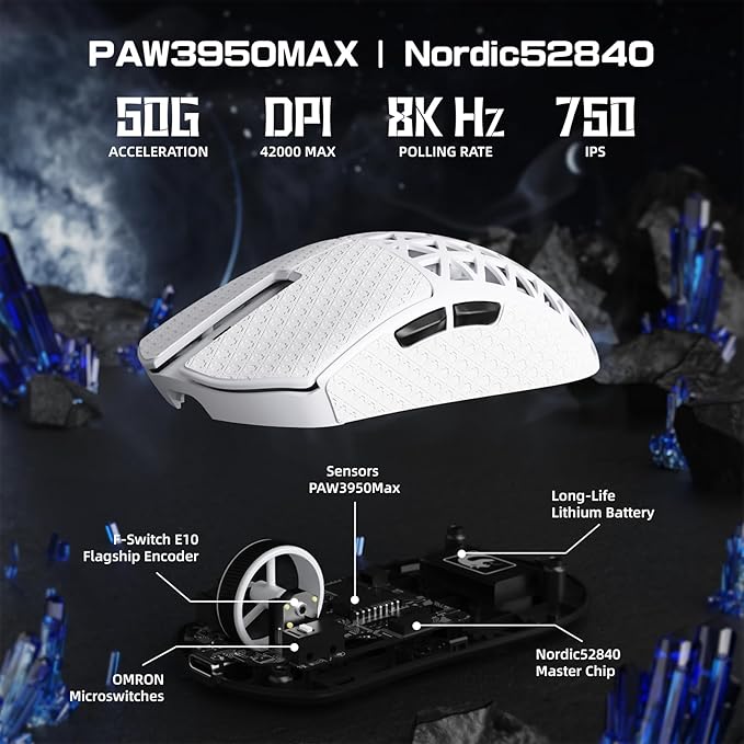 MAMBASNAKE M5 Ultra Carbon Fiber 8000Hz Wireless Gaming Mouse 39g Superlight 42000DPI PAW3950MAX Sensor Nordic 52840 Chip Bluetooth/2.4G/USB-C Wired Mice with Coiled Cable for PC/Mac (White)