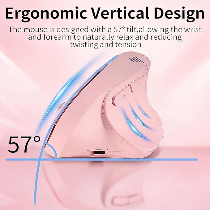 Bluetooth Wireless Dual-Mode Vertical Mouse - Silent Click Ergonomic Comfort for Office &amp Home Use Rechargeable with LED Breathing Light Compatible with Multiple Devices (Pink)