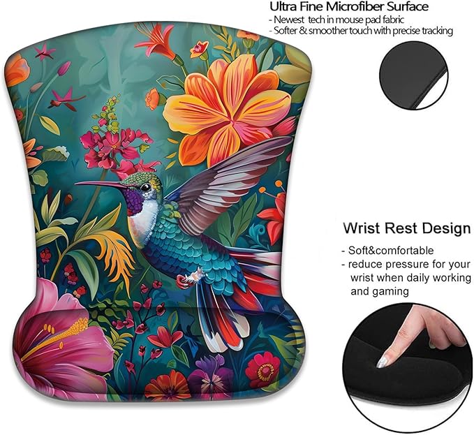Mouse Wrist Rest and Keyboard Wrist Rest Pad+ Coaster Set Non-Slip Rubber Base Smooth Surface Ergonomic Gaming Mouse Pad for Easy Typing and Pain Relief Flowers and Hummingbirds