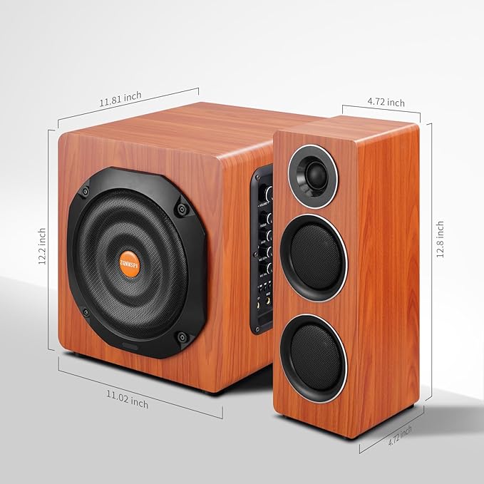 Computer Speakers with Subwoofer 2.1 Gaming Speaker System for Desktop PC 8 Deep Bass Bluetooth 5.3 AUX/RCA/Optical/Coaxial Surround Sound for PC/Monitor/TV - Brown