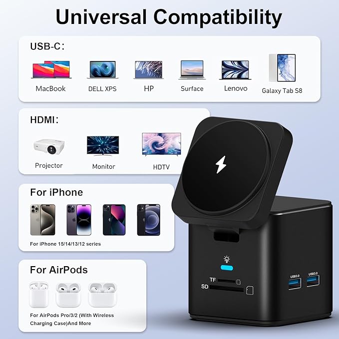 USB C Laptop Docking Station with MagSafe Charger Stand 9 in 1 USB C Hub Multiport Adapter with 4K HDMI 1Gbps Ethernet 3 USB 3.0 SD/TF Compatible with MacBook/Dell/HP/Lenovo/iPhone (Black)