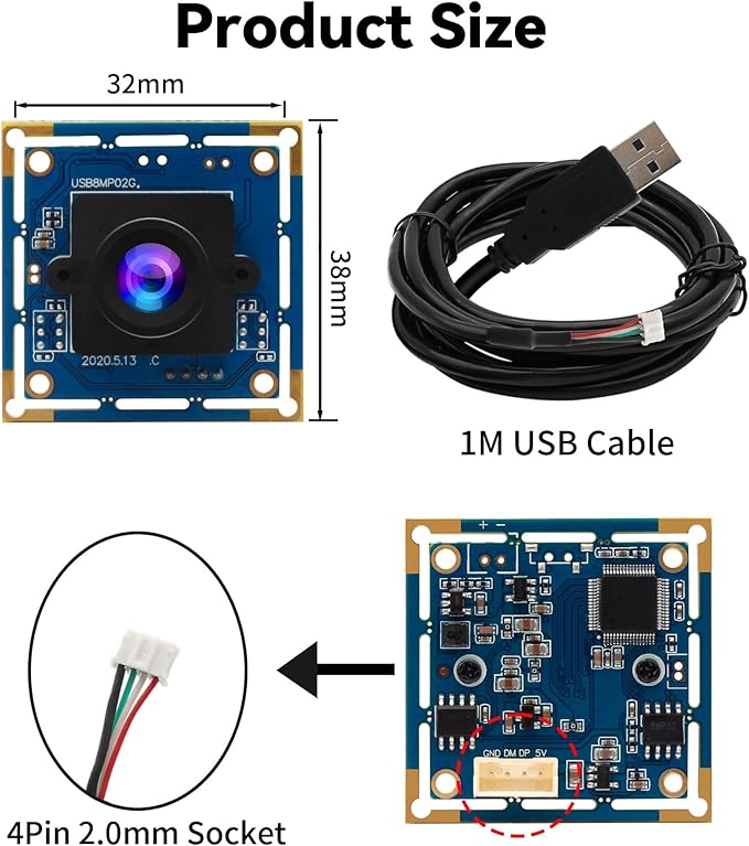 USB Camera Module 8MP 3264x2448 HD USB Webcam Board with 2.1mm Lens IMX179 Sensor Embedded Camera UVC Plug &amp Play for 3D Printer/Industrial Machine/Robot Compatible with Windows/Linux/Mac/Androi