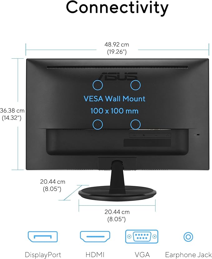 ASUS 22” Eye Care Monitor (VP229QF) – 100Hz IPS Full HD 99% sRGB Frameless Adaptive-Sync DisplayPort HDMI Low Blue Light Flicker Free Wall Mountable 3 yr Warranty