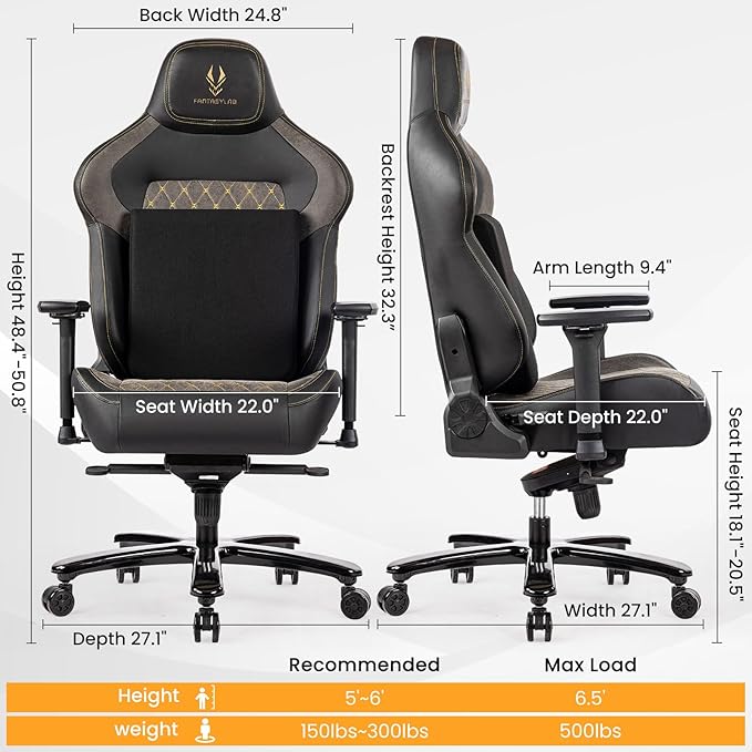 Big and Tall Gaming Chair 440LBS Gaming Chair with Metal Base Memory Foam Lumbar 4D Adjustable Armrest Computer Chair for Heavy People Ergonomic High-Back Computer Chair