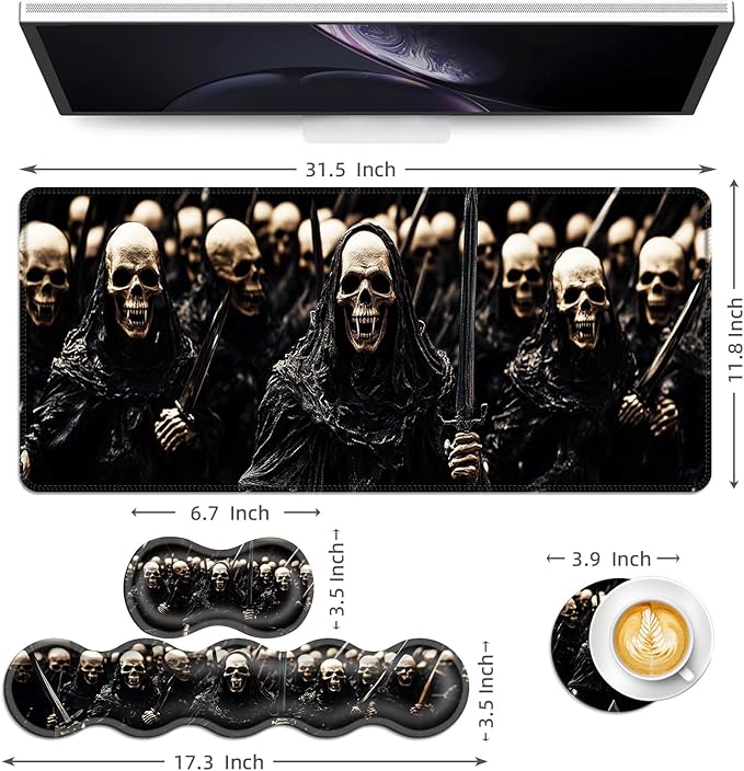 Keyboard Mouse Pad Set Extended Gaming Mouse Pad+Ergonomics Keyboard Wrist Rest Support Memory Foam Easy Typing Pain Relief 4Pcs XL Ultra Thick Desk MatCool Skeleton