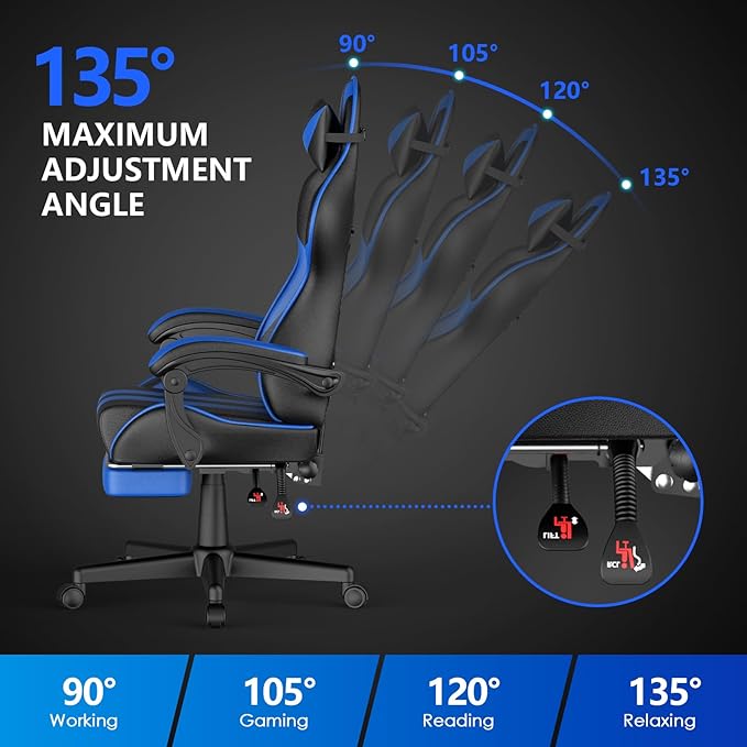 Huracan Gaming Chair with Footrest Adjustable Video Game Computer Chairs for Adults Reclining Backrest Office Desk Chair with Headrest and Lumba Pillow Blue