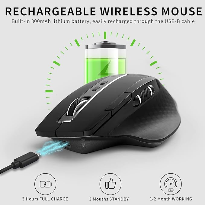 Rapoo Bluetooth Wireless Mouse 4 Adjustable DPI Rechargeable Multi-Device (3 Bluetooth+USB) Programmable Ergonomic Mouse with Side Roller Laser Mouse for Laptop Desktop PC