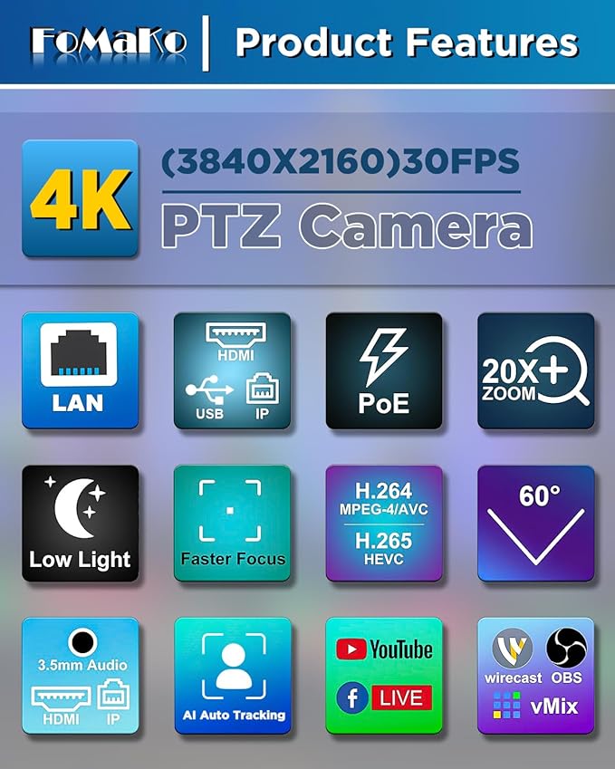 FoMaKo 4K 20X PTZ Camera HDMI AI Auto-Tracking PTZ CameraPTZ Controller PoE 3 LCD Screen Preview for Church Worship Education Conference Events PTZ BundleNDI 6 &amp NDI HX3 Certified(K20UH+KC608)