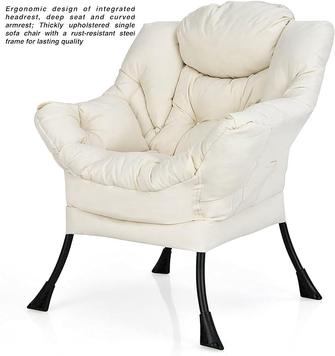 Beige Polyester Fabric Lazy Chair Upholstered Single Sofa Chair with Side Pocket Soft Headrest Wide and Thick Seat Cushion Curved Armrest Perfect for Watching TV Relaxing Reading Playing Video Games