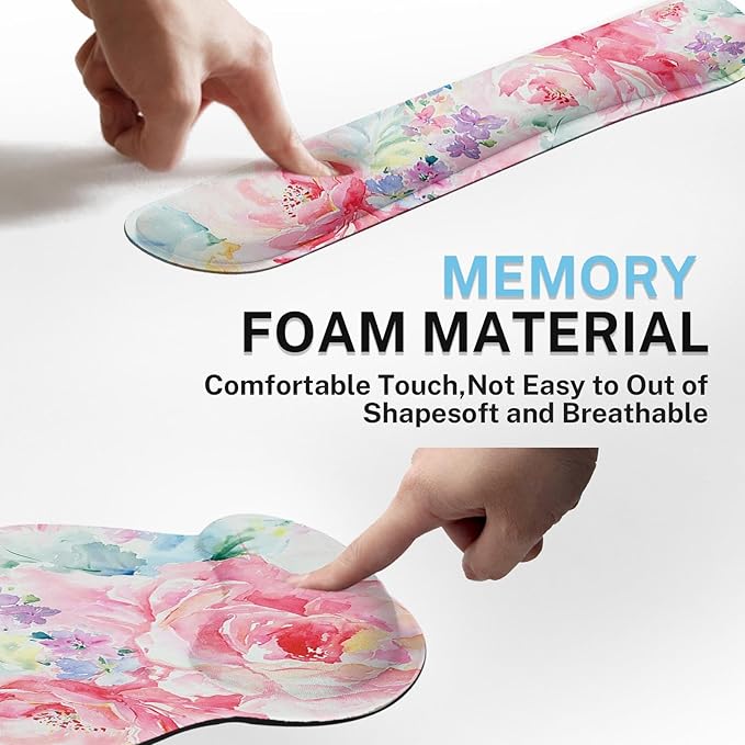 Arttown Flower Painting Desk Mat Watercolor Abstract Mouse Pad Set 4-in-1 Large Mousepad+Keyboard Wrist Rest+Mouse Wrist Rest+Coaster with Ergonomic Design Non-Slip Mat