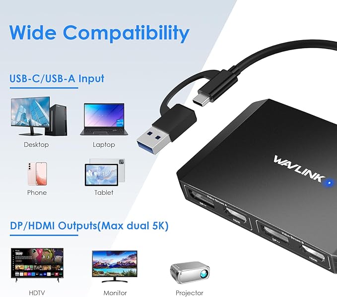 WAVLINK USB C and USB 3.0 to Dual 4K DisplayPort/HDMI Adapter Displaylink Monitor Splitter Extended Display for Dual Monitor 4K@60Hz HDMI/DP Splitter Compatible with Mac M1-M4Window Laptop-Black