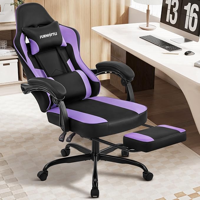 Gaming Chair Purple Gaming Chairs for Adults Teens High-Back Ergonomic Computer Chair with Extended Footrest Removable Headrest &amp Lumbar Support Wide PU Leather Reclining Desk Chair