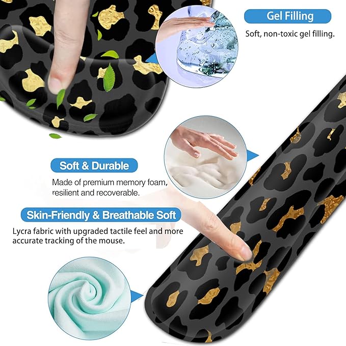 Ergonomic Mouse Pad Gel Wrist Support and Memory Foam Keyboard Wrist Rest Set for Gaming Computer Office Laptop Easy Typing Wireless Mouse Mat Funy Gold &amp Black Leopard Print Office Desk Pad