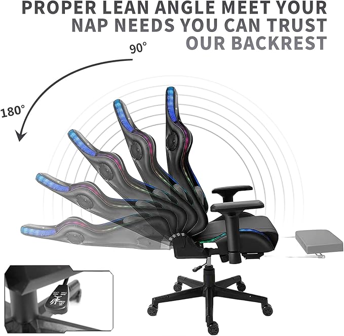 Gaming Chair Office Chair with Speakers and RGB Lights Swivel Racing Style Computer Chair with Massage Lumbar Support Headrest Armrest Retractable Footrest Video Gaming ChairRed