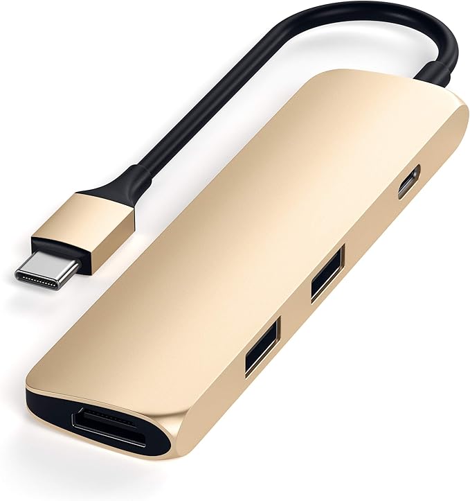 Satechi USB C Hub Multiport Adapter USB-C Docking Station with 4K HDMI 60W USBC PD Charging 2 USB-A for MacBook Air/Pro M5/M4 Dell HP Surface Lenovo - Gold Slim Classic