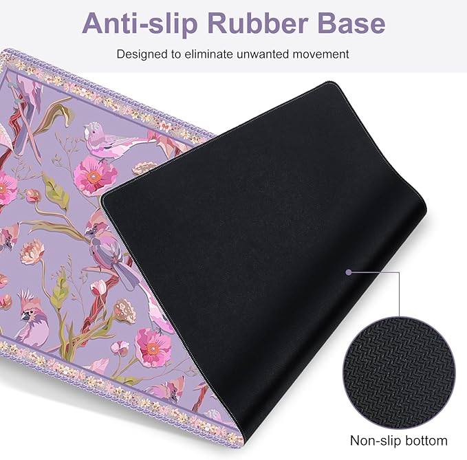 Flower Desk Mat 4in1 Large Mouse Pad with Wrist Rest Cute Desk Matt for Desktop Desk Pad Mat Anti-Slip XXL Computer Ergonomic Mousepad with Wrist Support for Keyboard and Mouse I Purple Bird