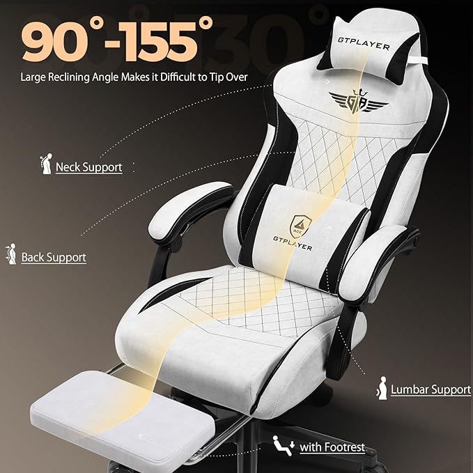 GTPLAYER Gaming Chair with Footrest Big and Tall Game Chair High Back Computer Office Chair with Lumbar Support for Adults Ergonomic Swivel Games Chair with Cushion Gaming Fabric Grey
