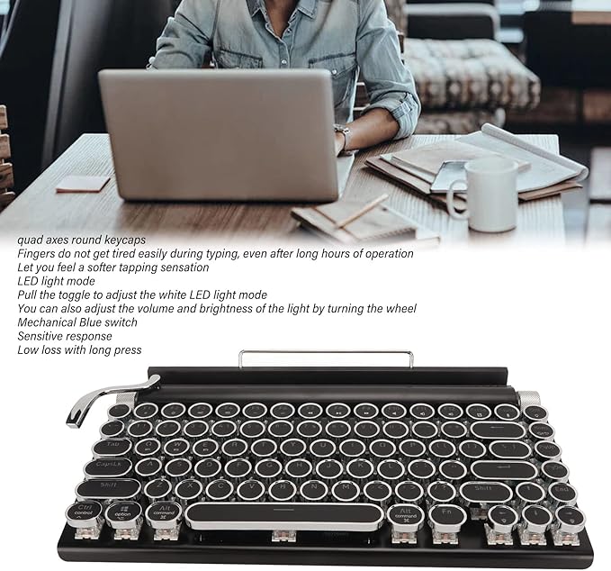 PUSOKEI Retro Typewriter Mechanical Gaming Keyboard - 83 Keys Bluetooth Punk RGB Backlit With Blue Switch Metal Round KeyCap for PC Laptop Phone (Black)