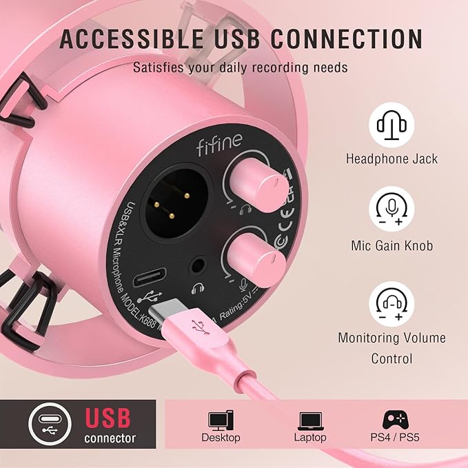 FIFINE XLR/USB Dynamic Microphone Studio XLR Vocal Podcast Microphone for Recording USB Streaming Mic with Mute Button Gain Knob Headphones Monitoring for Voice-Over Video-Amplitank K688 Pink