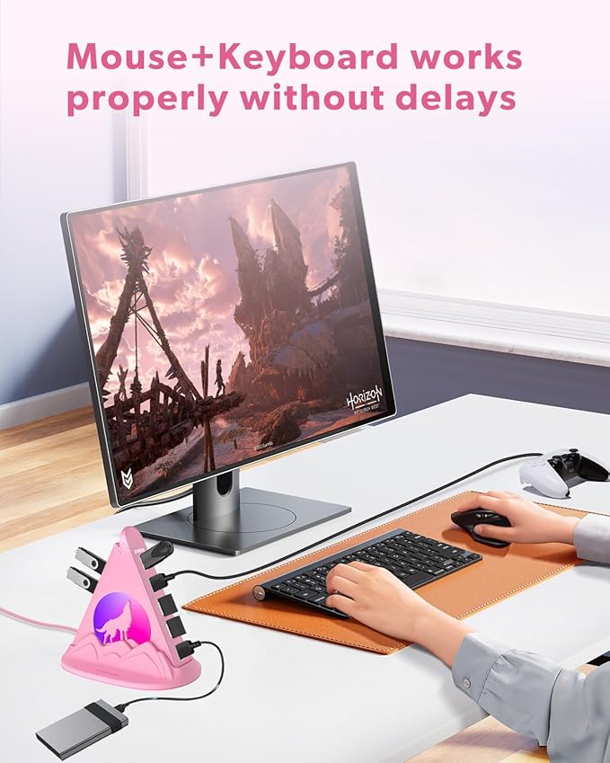7 Port USB 3.0 HubPink USB Hub with Wolf Shaped RGB Night Light 2ft Long Cable and Pink Basefor Laptop PC Flash Drive HDD Console Printer Keyborad Mouse and More(Charging Not Supported)