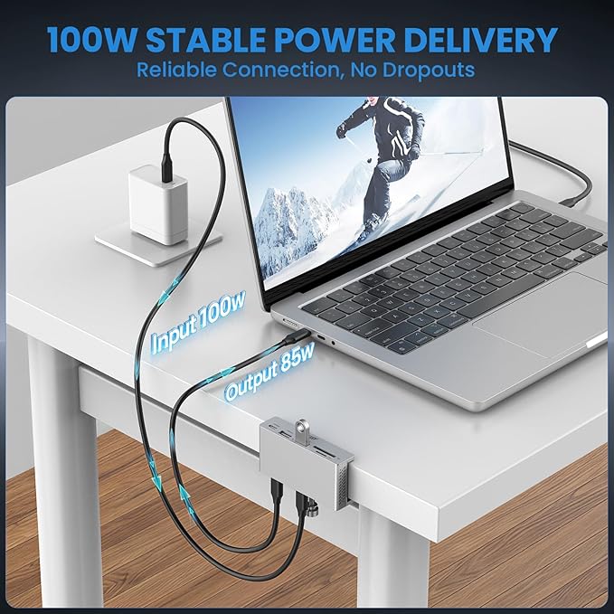 Ejay 7-in-1 USB C Hub with Clamp Mount 4K@60Hz HDMI for MacBook Pro 100W PD Charging 10Gbps USB 3.2 Hub for SD/TF Card Reader Aluminum Hub for XPS iPad Pro Windows Silver